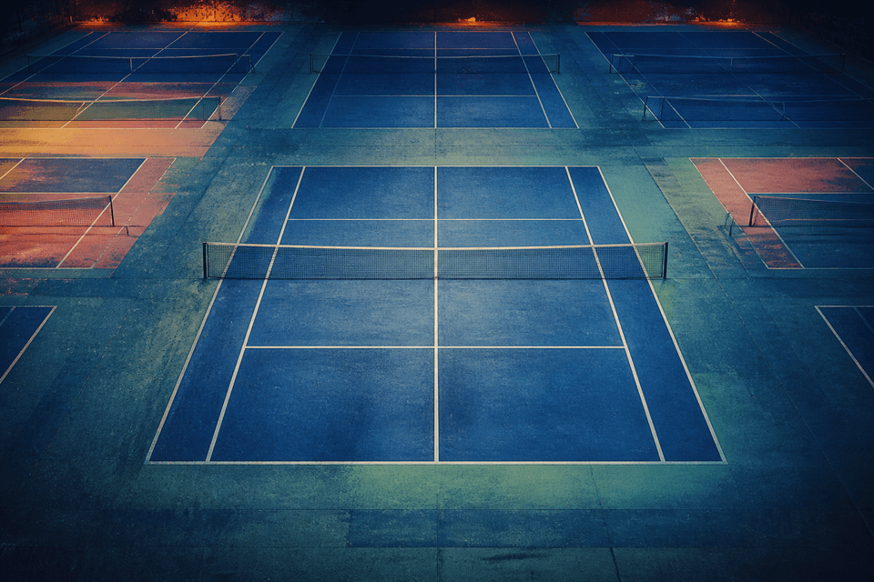 An empty blue pickleball court glowing at night.